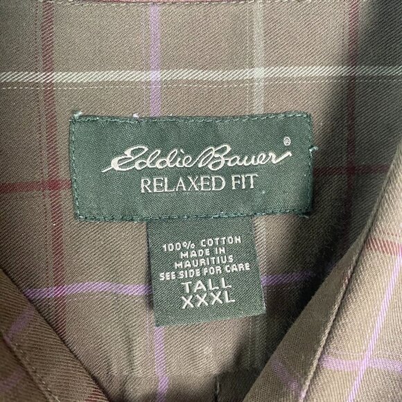 Eddie Bauer Relaxed Fit Plaid Button-Up Shirt XXXL Tall 100% Cotton Olive & Purp - Picture 4 of 7